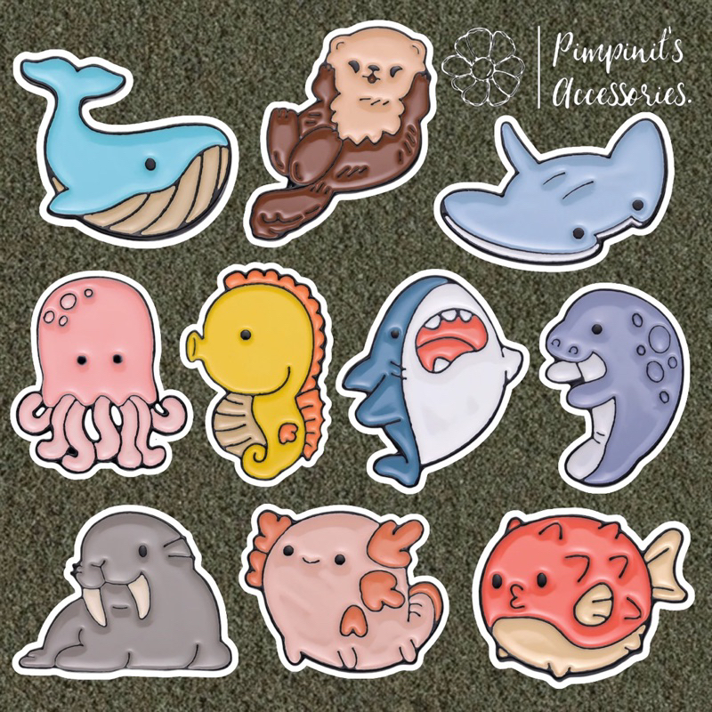 ร้านในไทยพร้อมส่ง : เข็มกลัดเซ็ทวาฬ,ฉลามและสัตว์ทะเลต่างๆ | Whale, Shark & Sea Animal Enamel Brooch Pin Set.