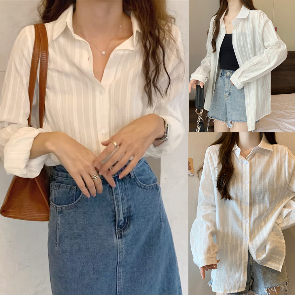 mimi&did#เสื้อเชิ้ตแขนยาว คอปกโปโล ลายทาง สีขาว สไตล์ฝรั่งเศส สําหรับผู้หญิง #W244