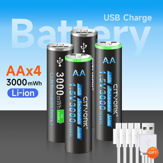 USB แบตเตอรี่ Li-ion AA 1.5V 3000mWh แบตเตอรี่ลิเธียมแบบชาร์จไฟได้ AA แบตเตอรี่ลิเธียมโพลิเมอร์ AA พร้อมสาย USB