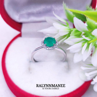 RP003 แหวนพลอยโมราแท้ ( Chrysoprase ) ตัวเรือนเงินแท้ 925 ชุบทองคำขาวเป็นงานแก้ไซส์ฟรี