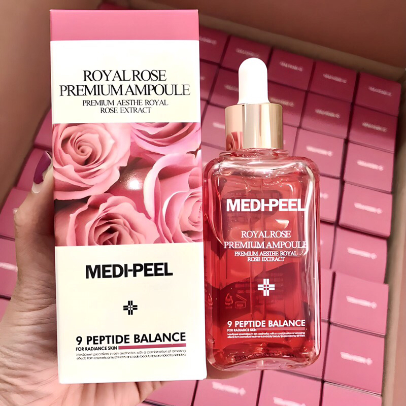 Medi-Peel Royal Rose Premium Ampoule [9 Peptide Balance] 100ml. เเอมพูลกุหลาบผิวใส เซรั่มกระชับรูขุมขนปรับผิวเรียบเนียน