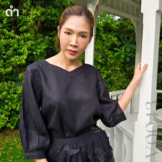 Vincess : เสื้อลินินแท้ทรงแขนจีบทวิส สีดำ อก 36-46 ค่ะ