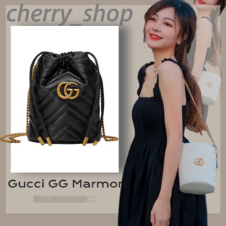 🍒กุชชี่ Gucci GG Marmont mini bucket bag กระเป๋าถัง กระเป๋าทรงถังผู้หญิง/กระเป๋าทรงถังหูรูด/กระเป๋าสะพาย