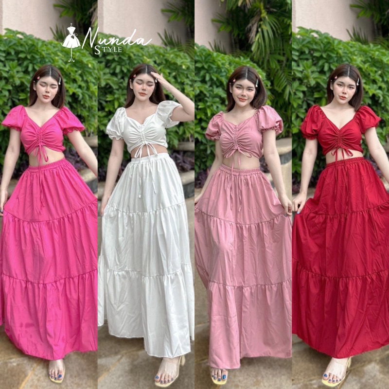 🐽Nunda Style🐽 set 2 ชิ้น เสื้อแขนตุ๊กตาดึงยาง เเขนใส่เเบบเกาะไหล่หรือใส่แบบปิดๆได้ค่ะแบบผูกเชือกรูดหน้า+ กระโปรง