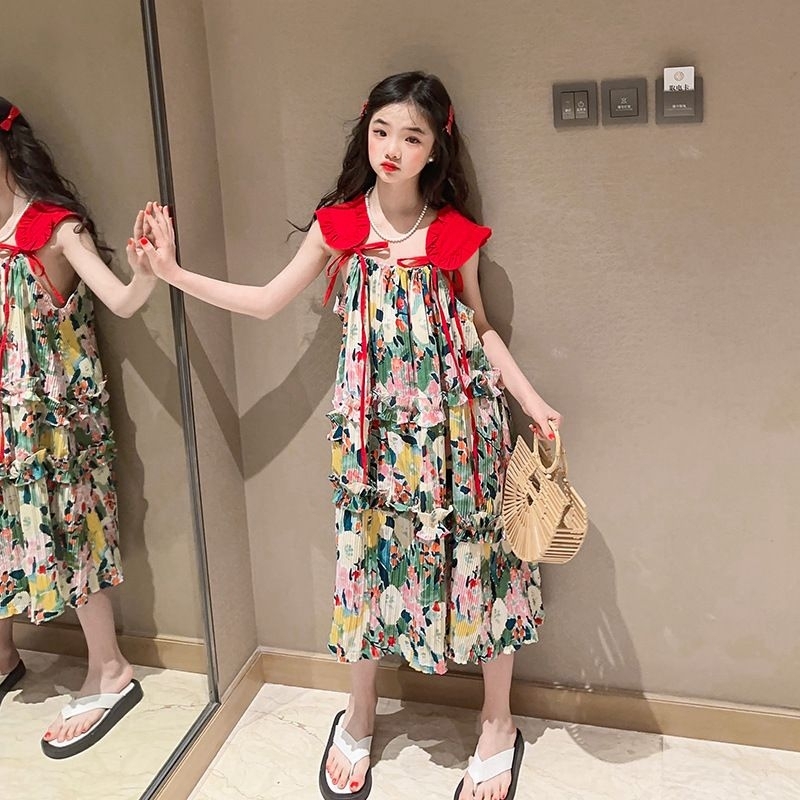 [Y D]261 พร้อมส่ง ชุดเดรสแขนกุด ลายดอก สำหรับเด็กผู้หญิง