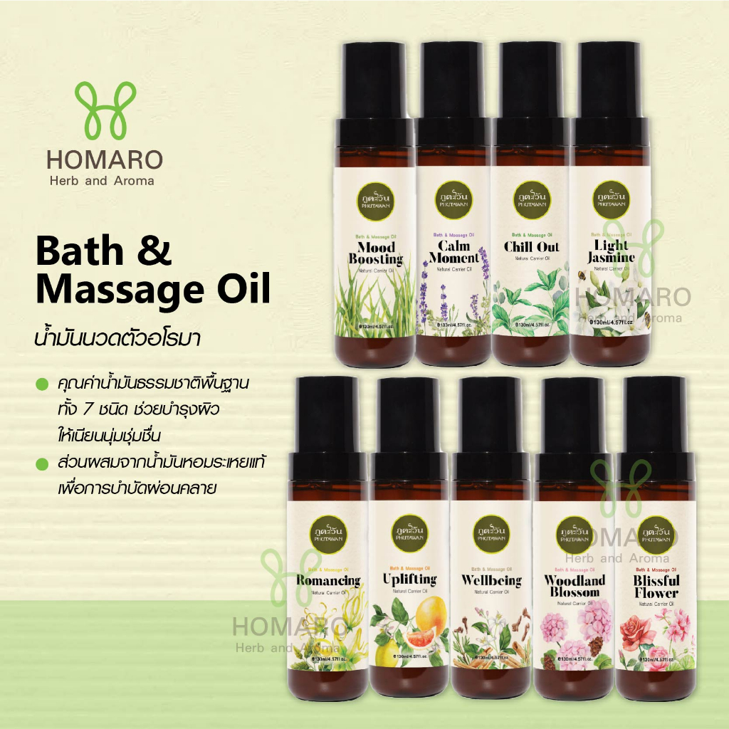 ภูตะวัน น้ำมันนวดตัว 100% จากน้ำมันธรรมชาติ PHUTAWAN Bath & Massage Oil