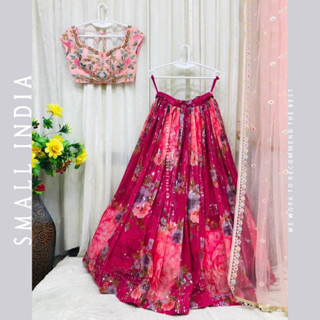 {**ส่งฟรี**} SMALL INDIA  ✨🌸 Wedding Wear Georgette Lehenga “UNSTITCH” ✨🌸 Women Lehenga Choli Set