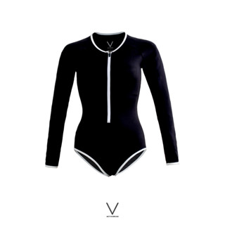 SS2023/1 WHITE TRIM BLACK BODYSUIT ชุดว่ายน้ำ บอดี้สูทแขนยาวสีขาวขลิบดำ มีฟองน้ำในตัวผ้าหนา กัน UV UPF 50+