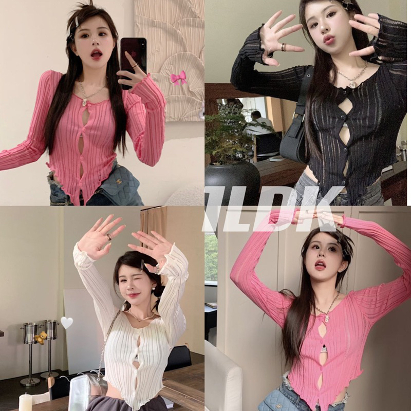 1LDK พร้อมส่ง เสื้อแขนยาวคอวี ผ้าซีทรูกระดุมแกะได้(17CX36)