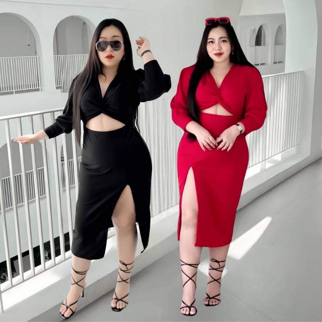 Pius Size เดรสออกงานสาวอวบ เดรสพรางหุ่น เดรสยอดฮิต 100KG อก 36-50 รุ่นเกรียวโชว์หน้าสีพื้น F22