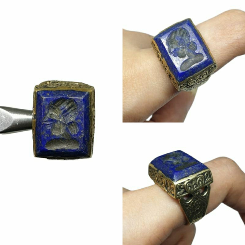 แหวนหินลาพิสลาซูลี่ หินแท้ธรรมชาติ แกะสลักโรมัน ขนาด 54 Natural Lapis Lazuli Roman Intaglio Engraved Ring Size 54 or 7US