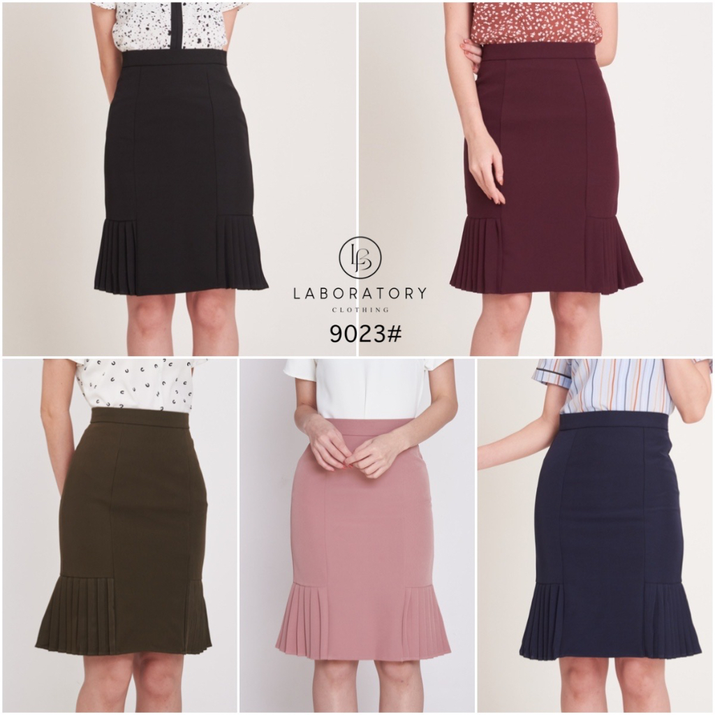 *Laboratory* กระโปรง 9023# กระโปรงทำงาน ปลายจีบแต่งพรีทด้านข้าง