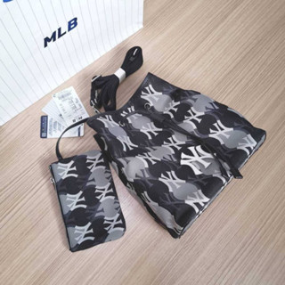 พร้อมส่ง MLB Argyle monogram large bucket bag กระเป๋าบัคเก็ตสีดำ หูรูด + กระเป๋าลูกใบเล็ก สายสะพายปรับความยาวได้