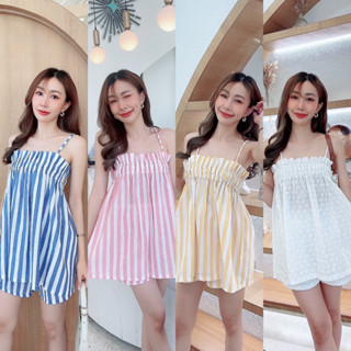 Teera❤️พร้อมส่ง✨Setสายเดี่ยว baby babe🍒สายปรับได้💖ผ้าลินินทอเนื้อดี+กางเกง Tanintra