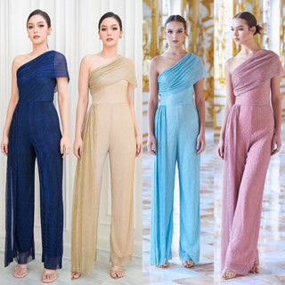 ♥️ M7 Jumpsuit จั๊มสูทขายาว สีชมพู สีกรม สีทองอ่อน ไหลเดียว เสื้อมีผ้าแต่งคลุมไหล่ จั๊มสูทออกงาน LUXE