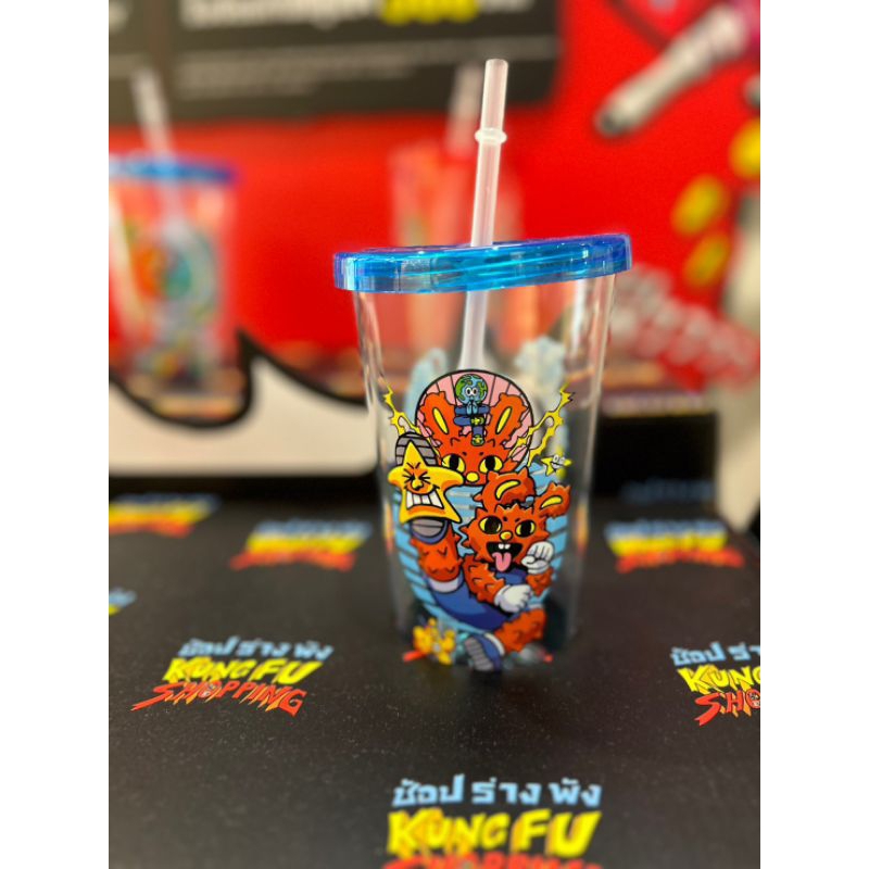 แก้วกังฟู 🔵สีน้ำเงิน แก้วน้ำพลาสติกพร้อมหลอด สินค้าพรีเมี่ยม MCARD มูลค่า 290 บาท