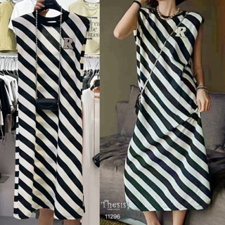 🌈🌿🌸🌺🌼🤎🇰🇷 Cotton Stripe Slant Plain Sleeveless Maxi Dress