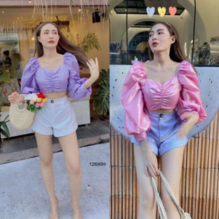 MM12690 Set 2 ชิ้น เสื้อครอปแขนพอง + กางเกงบาร์บี้ Set 2 pieces Puff sleeve crop top + Barbie pants