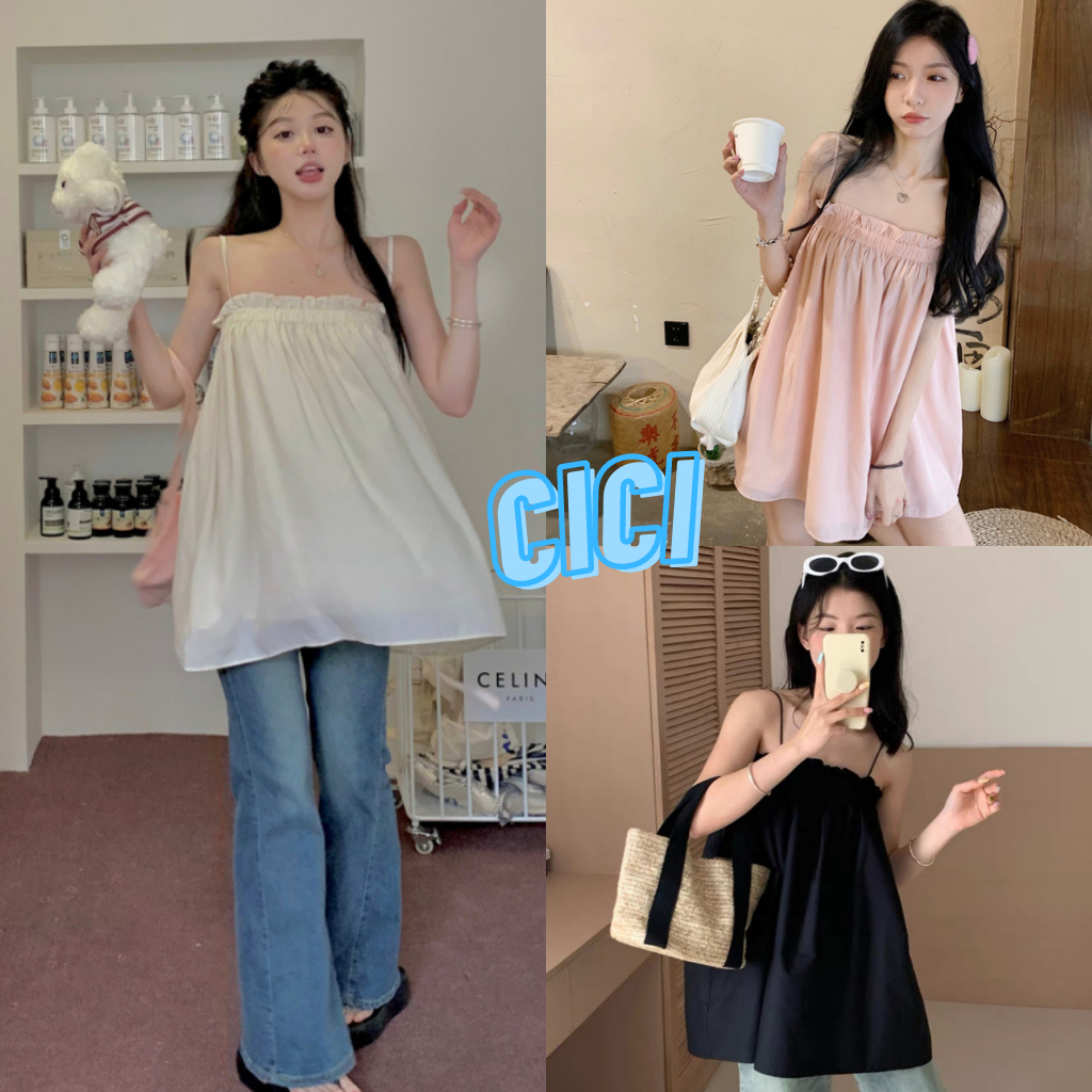 ส่งทันที Cici(NO. 3133)เสื้อสายเดี่ยว ดีเทลสม็อกรอบอก มีซับด้านในใส่สบายสไตล์เกาหลี