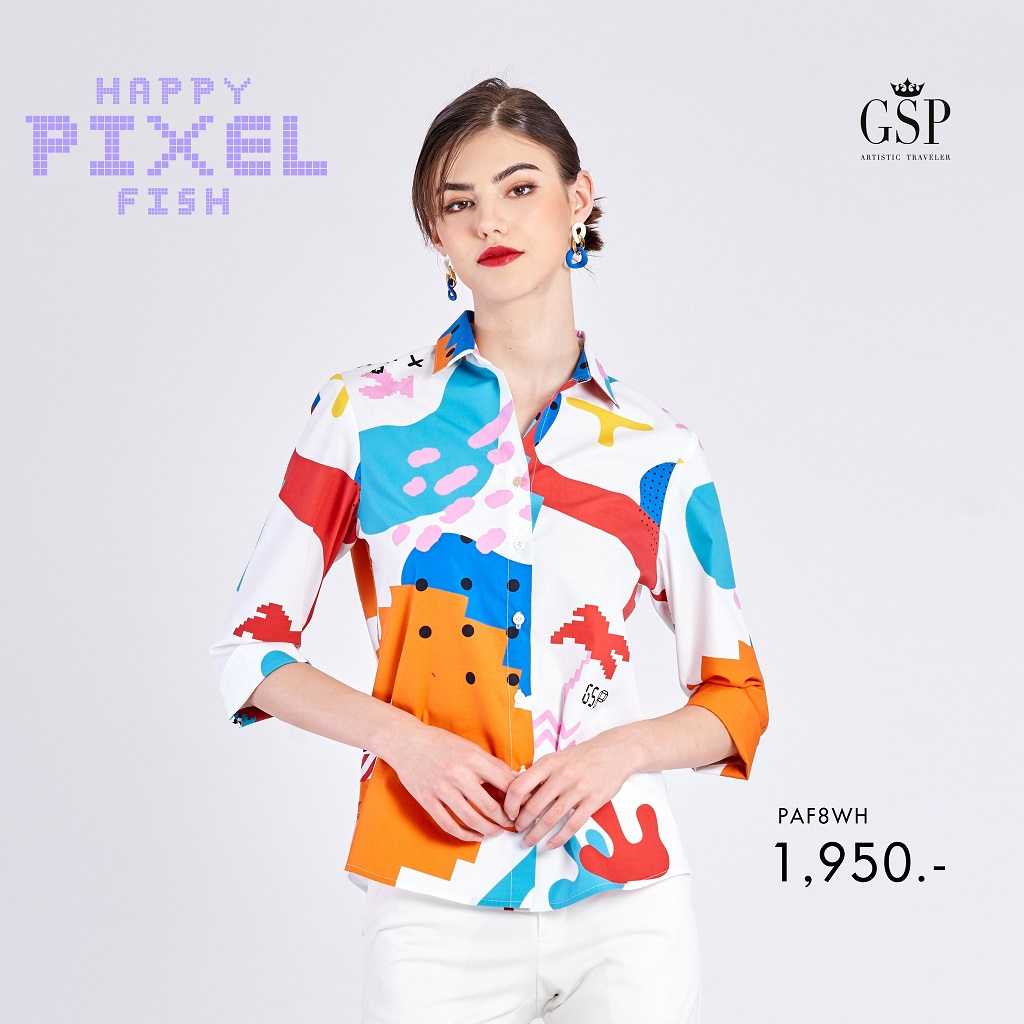 Gsp เสื้อเชิ้ตผู้หญิง Happy pixel fish แขนสามส่วน สีขาว (PAF8WH)