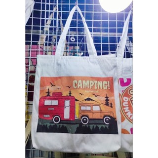 กระเป๋าสะพายข้าง มีซิปรูด ขนาด 12 นิ้ว ลาย Camping ใบใหญ่ใส่ของได้เยอะ