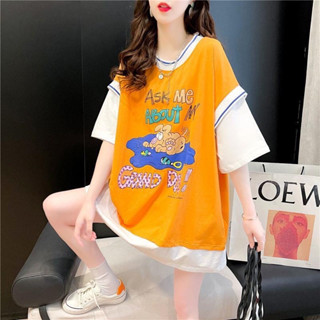 เสื้อแฟชั่นผู้หญิง คอกลม แขนสั้น2ชั้น Oversize ผ้าคอตตอลแท้100% สินค้าพร้อมส่ง