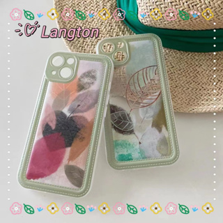 🌈Langton🌸ป้องกันการหล่น ขอบเต็ม iphone 11 14 pro max เคสใส เรียบง่าย เนื้อใบ ขอบสีเขียว เล็กและสด case for iPhone 12 13