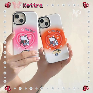 💜Kettra💜ป้องกันการหล่น ขอบเต็ม iPhone 11 14 pro max การ์ตูน Hello Kitty รูปหัวใจ ไล่ระดับ สีขาว case for iPhone 12 13