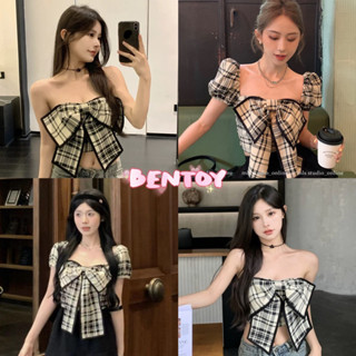 Bentoy(7011/718)เสื้อครอปท็อป แขนสั้น ลายสก๊อต แต่งโบว์ใหญ่หน้าอก งานสวย ดูแพง สม็อคหลัง รัดรูป