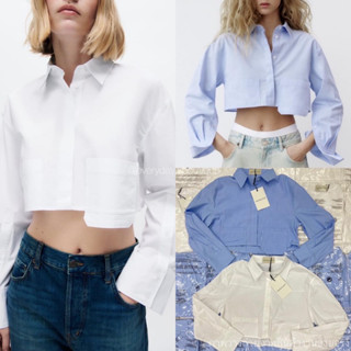 ZR cropped shirt🤍💙(370฿ฟรีส่ง) เสื้อเชิ้ตทรงครอปแขนยาวสุดชิค ดีเทลแต่งกระเป๋าหน้า 2ข้างเก๋ๆ ผ้า cotton เนื้อดี valen