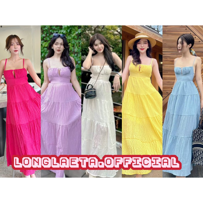 goodluckshop เดรสยาว ดีเทลแหวกอกเล็กน้อย ด้านหลังผูก โชว์แผ่นหลังสวยๆ สีพื้น