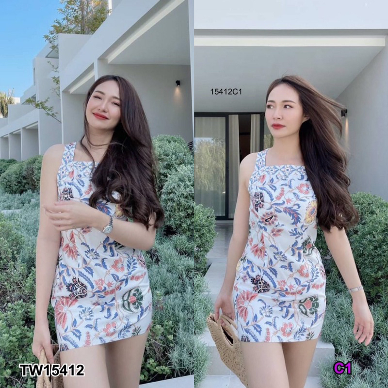 15412 เดรสสั้นแขนกุด ซิปหลังแขนกุดพิมลายกราฟฟิก