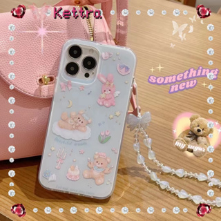 💜Kettra💜ป้องกันการหล่น ขอบเต็ม iPhone 11 14 pro max พร้อมโซ่ เส้นขอบโปร่งใส การ์ตูน หวานสวย case for iPhone 12 13