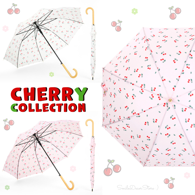 [พร้อมส่ง] ร่มด้ามยาว ตอนเดียว ด้ามไม้ ลายเชอรี่ กันแดดกันฝน สไตล์ญี่ปุ่น