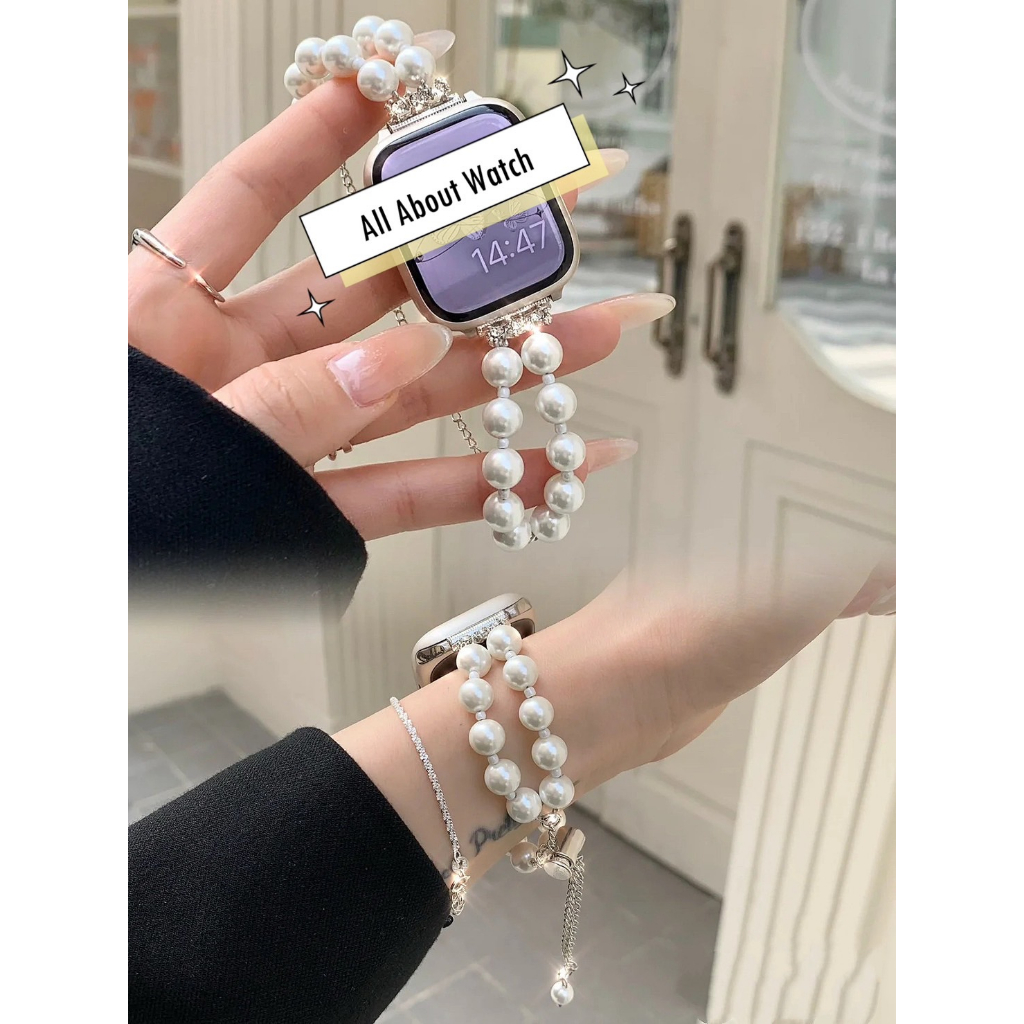 พร้อมส่ง สายนาฬิกาแบบสร้อยข้อมือมุกสีขาว ใช้ได้กับ Smart Watch  8 7 6 5 4 3 2 1 Se HK9Pro Ultra8Pro 