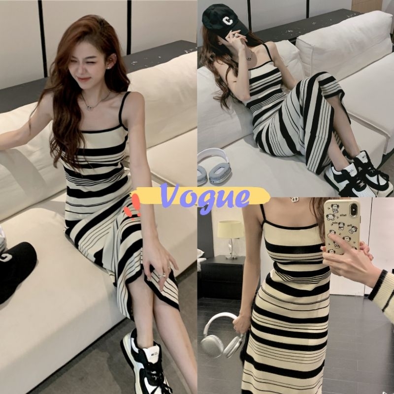 Vogue🌟พร้อมส่ง🌟 ชุดเดรสไหมพรม สายเดี่ยวลายทาง รัดรูป ปลายพริ้ว (6A008) -C