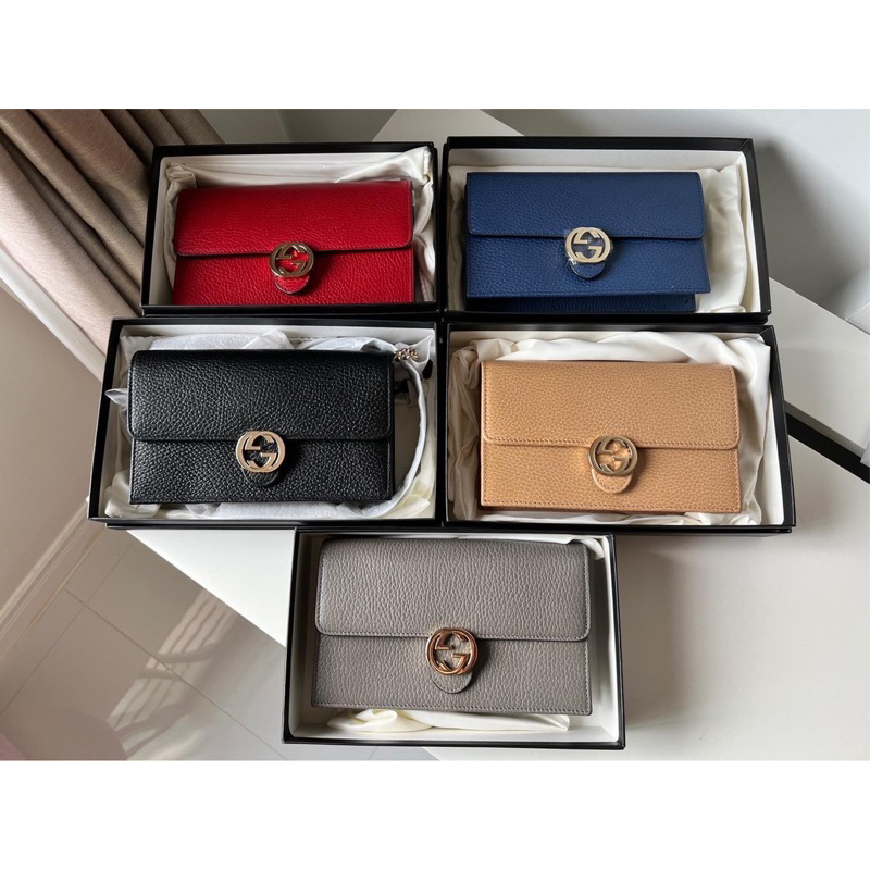 New🤍 Gucci GG Interlocking wallet chain  สี: แดง ดำ ครีม น้ำเงิน เทา size:7.5”(L)*4.5”(H)*1.5”(D)