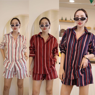 Stripe set ชุดเซ็ตลายริ้ว +กางเกงขาสั้น ลายน่ารัก