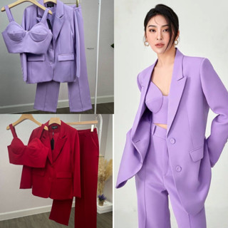 CHARISSA:Setsuit 3 ชิ้น : BLAZER+CROP+Pantsม่วง, แดง(*สอบถามสต๊อกก่อนกดสั่งน๊า)