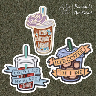 ʕ •ᴥ•ʔ ✿ พร้อมส่ง : เข็มกลัดเซ็ทแก้วกาแฟเย็นและข้อความต่างๆ | Iced Coffee Cup &amp; Quote Enamel Brooch Pin Set.