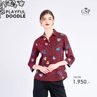 GSP เสื้อเชิ๊ตแขนสี่ส่วน พิมพ์ลาย Playful doodle ทรง comfort fit ( PAF7RE )