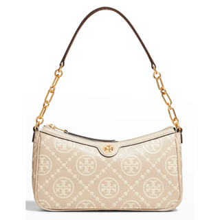 TORY BURCH Studio T Monogram Embossed Shoulder Bag In Longan New Cream