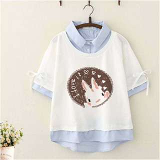 พร้อมส่ง GR003 เสื้อยืดสีขาวแต่งปกเชิ้ตลายทางฟ้าทรง OVER SIZE