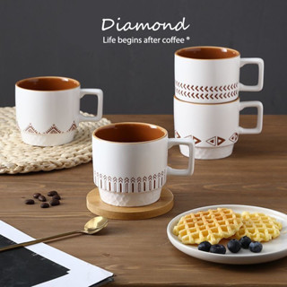 ❤ Diamond Coffee ชุดแก้วเซรามิกชุดของขวัญขนาดเล็ก แก้วกาแฟ สไตล์มินิมอล (คละลาย) CQI7