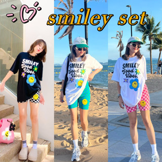 Set Smily Biker กางเกงไบเกอผ้านิ่มเกาหลี รุ่นตารางน้องยิ้มสมาย มาพร้อมกับเสื้อ oversize สุดน่ารัก