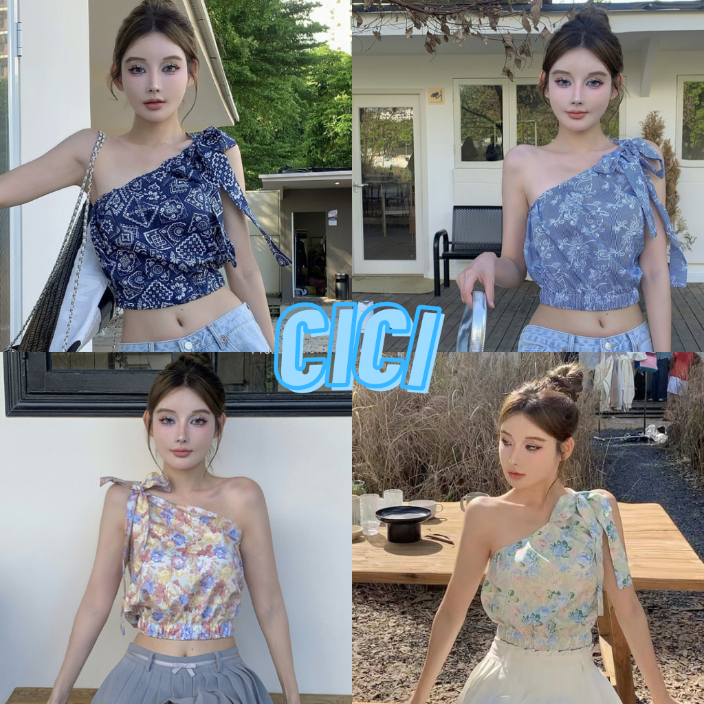 ส่งทันที Cici(NO. 19129)เสื้อครอปปาดไหล่เฉียง ดีเทลชายสม็อก สายผูกได้ตามสไตล์แบบเก๋ๆ