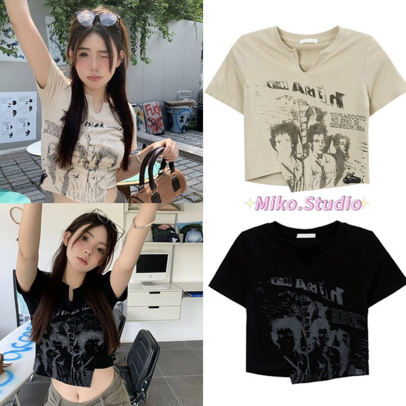 Miko พร้อมส่ง เสื้อครอปท็อป แขนสั้น พิมพ์ลาย ครึ่งตัว ใส่น่ารัก สไตล์อเมริกันย้อนยุค สำหรับผู้หญิง