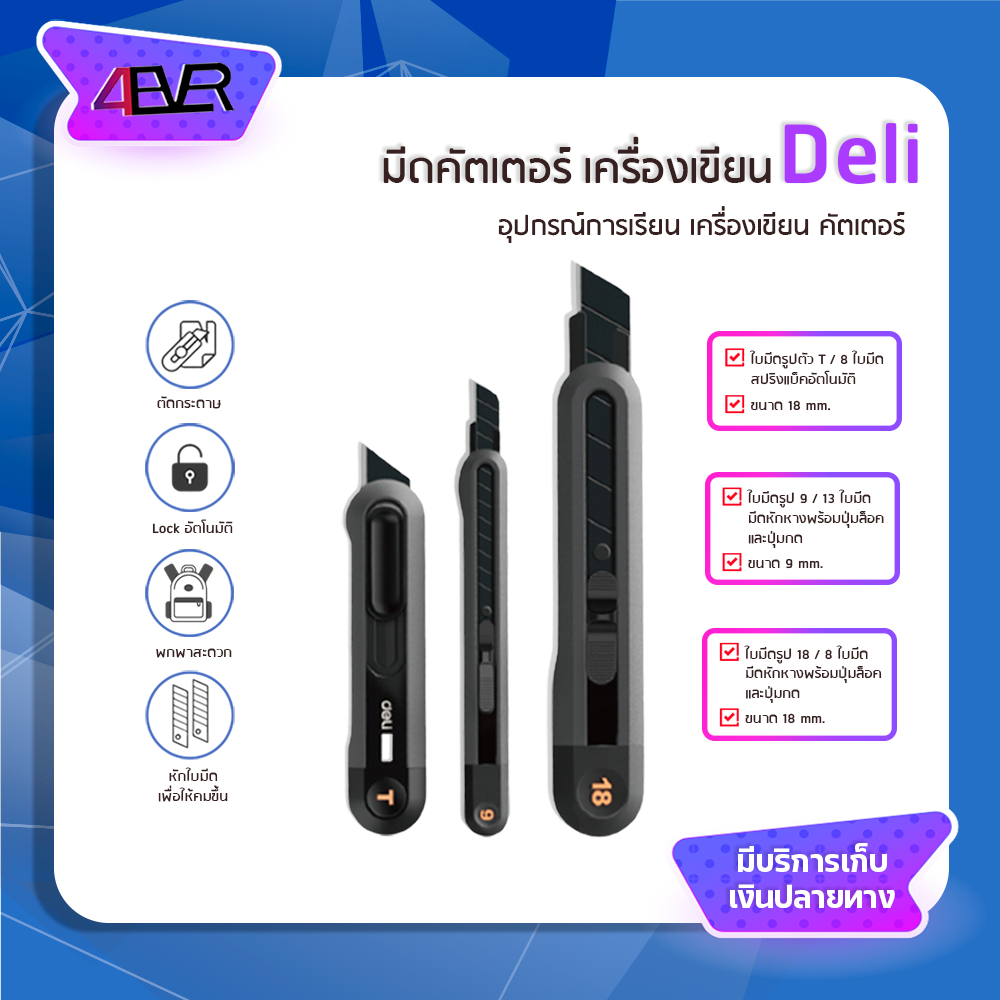 คัตเตอร์ มีดคัตเตอร์ Cutter knife อุปกรณ์สำนักงาน เครื่องเขียน ตัดกระดาษ รุ่น Deli