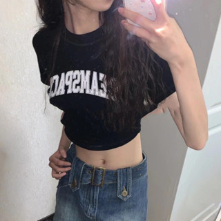 Manjusaka⭐️พร้อมส่ง⭐️Crop top เสื้อครอปท็อป คอกลม แขนสั้น y2k เสื้อยืดแขนสั้น สีดำ สไตล์เกาหลี สําหรับผู้หญิง #21538