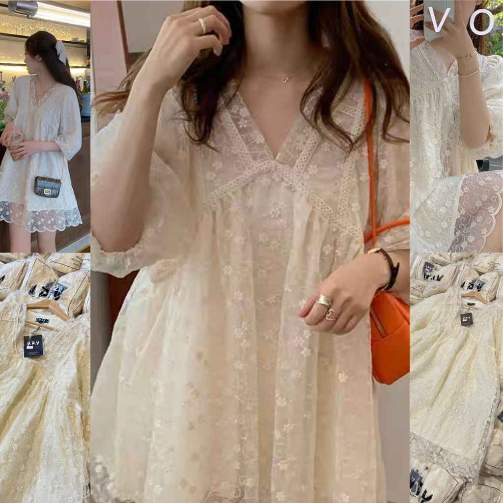 เดรสผ้าปักลูกไม้3Dคอวีสีครีมป้ายypy cream lace dress tagYPY